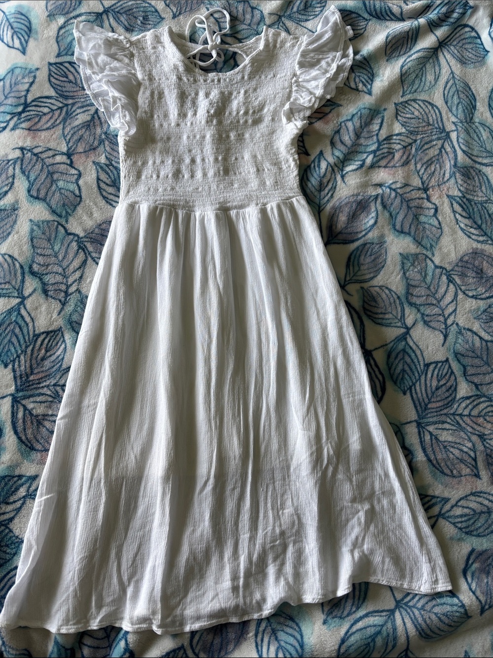 Boho White Smocked Maxi Dress with Flutter Sleeves